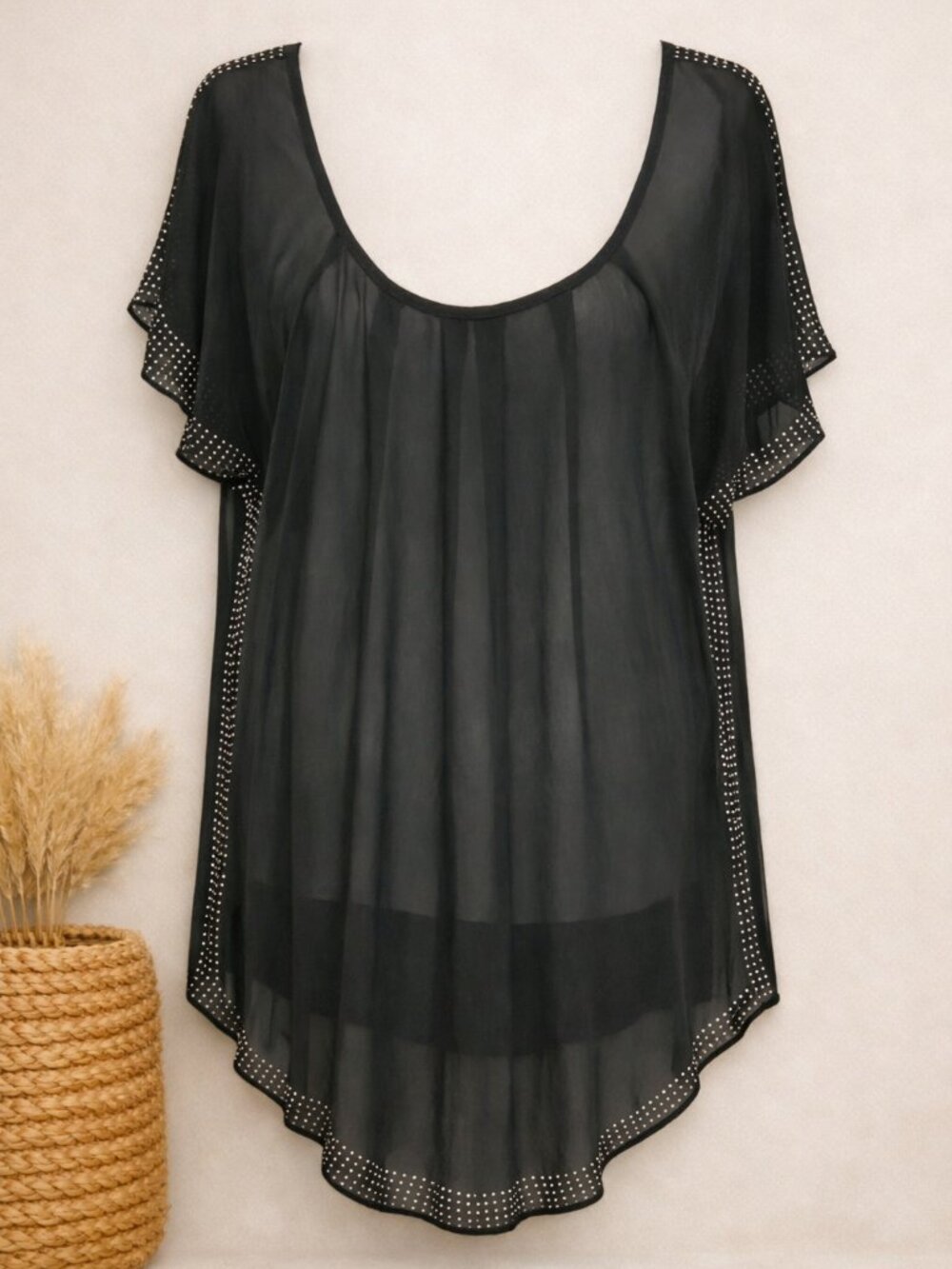 Black Sheer Rhinestone Tunic Top Sparkle Girls Night Boho Festival Streetwear